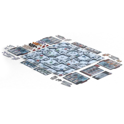 D.E.I. Divide et Impera game setup with modular 3D board, faction boards, cards, tokens, and survivor pieces.