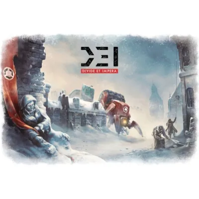 D.E.I. Divide et Impera cover art showing survivors and a drone in the frozen ruins of old London.