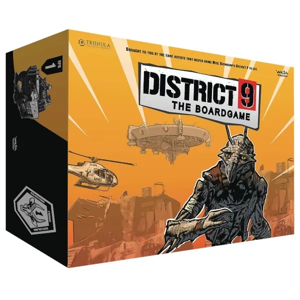 District 9: The Board Game box front with prawn alien, helicopters, and orange sci-fi district artwork.
