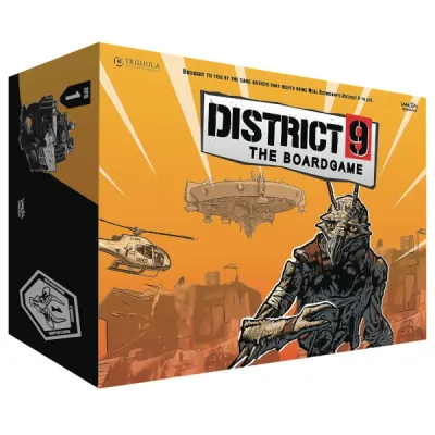 District 9: The Board Game box front with prawn alien, helicopters, and orange sci-fi district artwork.