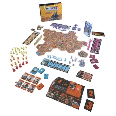 District 9: The Board Game contents with modular district board, faction pieces, cards, tokens, and player boards.