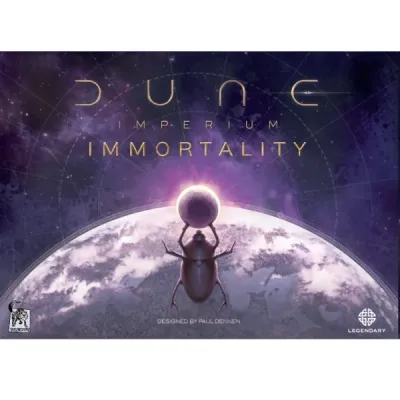 Dune Imperium Immortality expansion box showing a beetle-like figure holding a sphere above a planet.