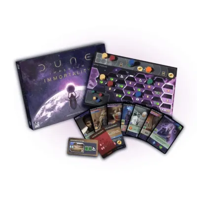 Dune Imperium Immortality expansion components with Bene Tleilax board, cards, tokens, and box.