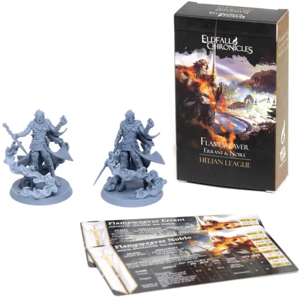 Eldfall Chronicles Flameweaver Noble &amp; Errant pack with two miniatures, box and profile cards.
