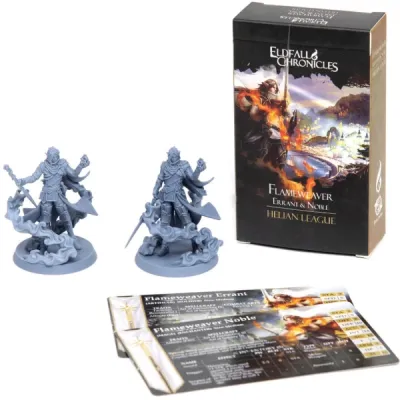 Eldfall Chronicles Flameweaver Noble &amp; Errant pack with two miniatures, box and profile cards.