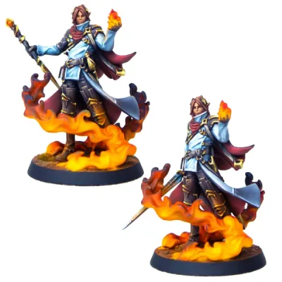 Eldfall Chronicles Flameweaver Noble and Errant painted miniatures with fiery spell effects.