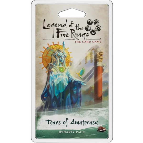 Tears of Amaterasu Dynasty Pack for Legend of the Five Rings The Card Game with a radiant spirit figure.