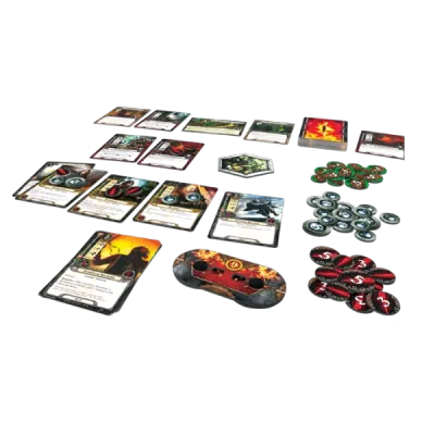 The Lord of the Rings The Card Game Revised Core Set components with cards, tokens, threat dials, and rule materials.