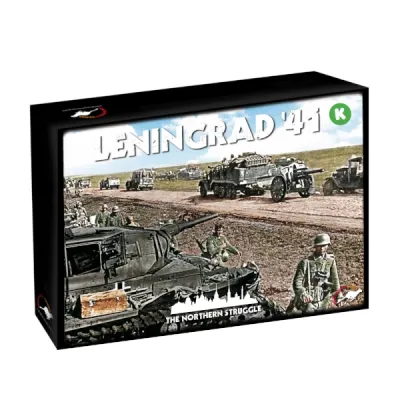Box cover of Leningrad ’41, showing German troops, vehicles, and artillery advancing on the northern front.