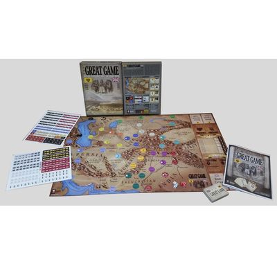 The Great Game components overview with map, countersheets, cards, rulebook, player aids, and box.