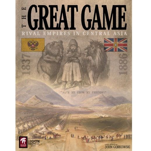 The Great Game box front showing Central Asian landscape, British and Russian flags, and imperial rivalry artwork.