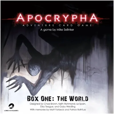 Apocrypha: Box One – The World adventure card game cover with a shadowy supernatural figure.