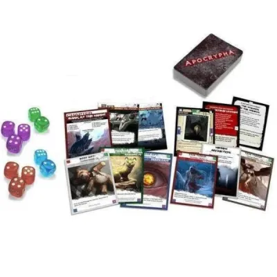 Apocrypha Adventure Card Game cards, dice, and box components.