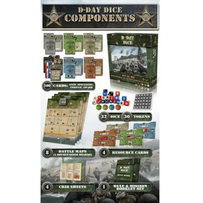 D-Day Dice 2nd Edition contents showing cards, dice, tokens, battle maps, resource cards and rulebook.