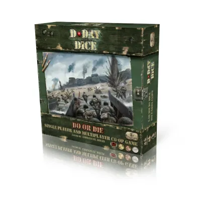 D-Day Dice 2nd Edition cooperative WWII dice game box with Normandy beach landing artwork.