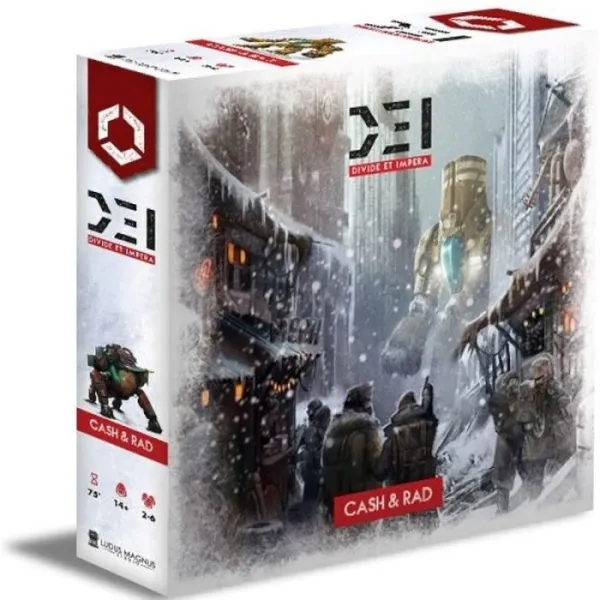 D.E.I. Cash &amp; Rad box front showing survivors in a frozen post-apocalyptic city.