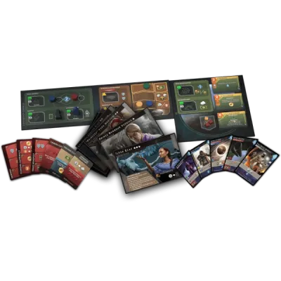 Dune Imperium Rise of Ix components with boards, cards, leaders, tech tiles, tokens, and dreadnoughts.