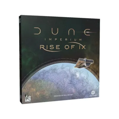 Dune Imperium Rise of Ix expansion box showing a spaceship above the planet Ix.