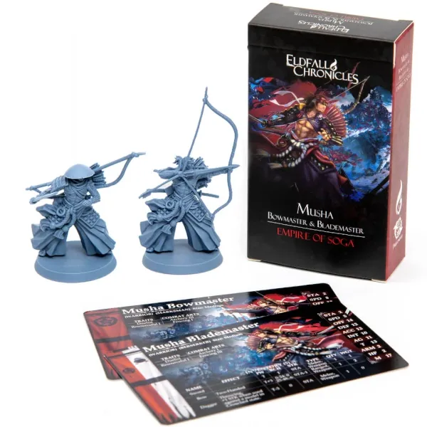 Eldfall Chronicles Musha Blademaster &amp; Bowmaster pack with two miniatures, box and profile cards.
