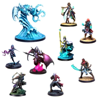 Eldfall Chronicles starter set miniatures showing Coalition, Sand Kingdoms and Water Elemental models.