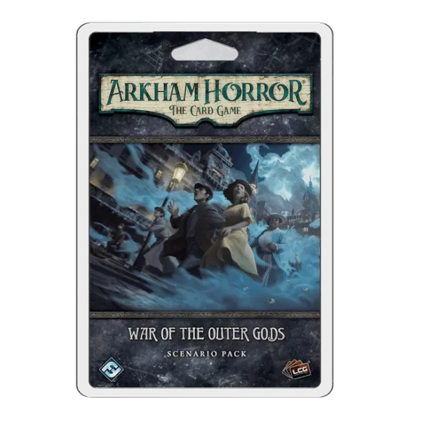 War of the Outer Gods Scenario Pack for Arkham Horror The Card Game with investigators fleeing through flooded streets.