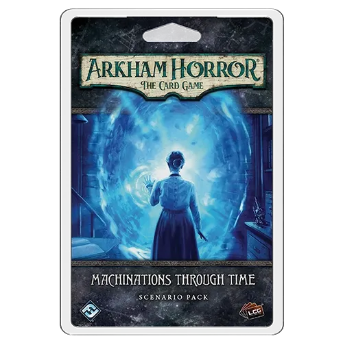 Machinations Through Time Scenario Pack for Arkham Horror The Card Game with an investigator facing a glowing portal.