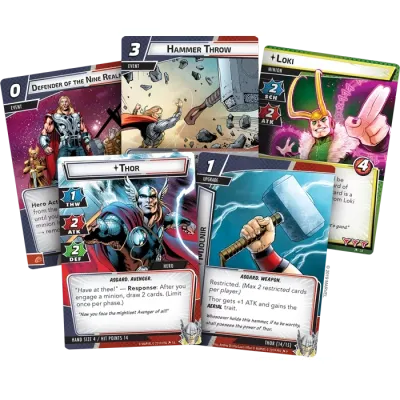 Thor Hero Pack card preview with Thor, Mjolnir, Loki and Asgardian event cards.