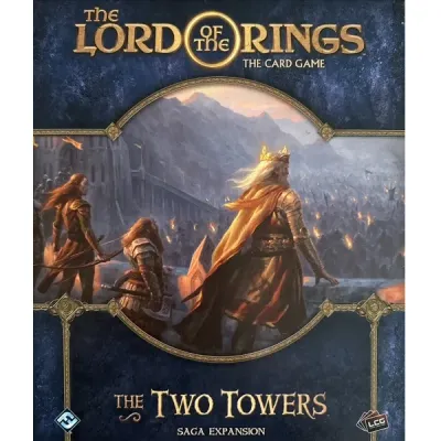 The Two Towers Saga Expansion box for The Lord of the Rings Card Game with heroes overlooking Helm’s Deep.