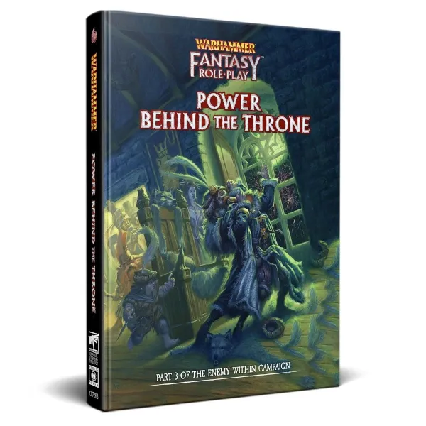 Warhammer Fantasy Roleplay: Power Behind the Throne book cover with sinister figures in a dark interior.