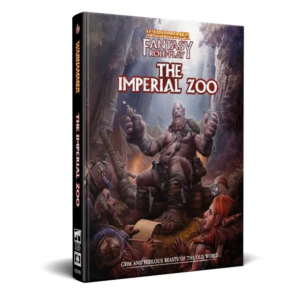 Warhammer Fantasy Roleplay: The Imperial Zoo book cover with explorers encountering a massive ogre-like creature.
