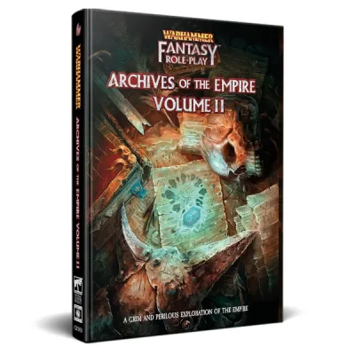 Warhammer Fantasy Roleplay: Archives of the Empire Volume II Warhammer Fantasy Roleplay: Archives of the Empire Volume II book cover with glowing papers and artefacts.