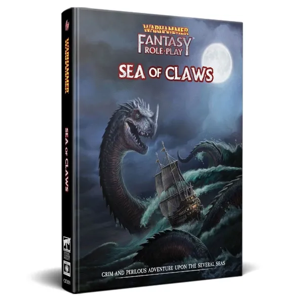 Warhammer Fantasy Roleplay: Sea of Claws book cover with a sailing ship attacked by a giant sea serpent.