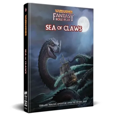 Warhammer Fantasy Roleplay: Sea of Claws book cover with a sailing ship attacked by a giant sea serpent.