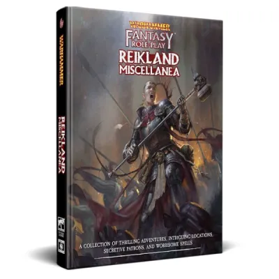 Warhammer Fantasy Roleplay: Reikland Miscellanea book cover with armed adventurer in a misty fantasy scene.