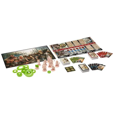 Blood Rage 5th Player Expansion components with Ram Clan miniatures, clan sheet, cards, tokens, and bases.