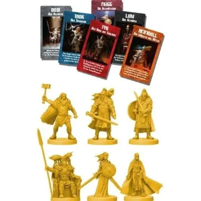 Blood Rage Gods of Asgard miniatures and cards showing Odin, Thor, Tyr, Loki, Heimdall, and Frigg.