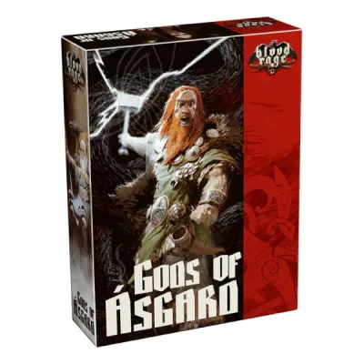Blood Rage Gods of Asgard expansion box showing Thor holding Mjolnir amid lightning.