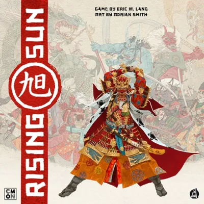 Rising Sun box cover showing a richly dressed samurai warrior with mythic figures behind him.