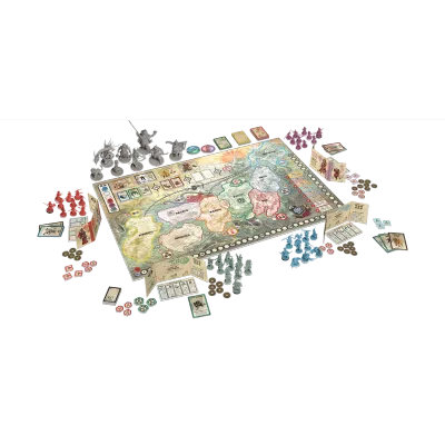 Rising Sun game setup with map board, clan screens, cards, tokens, coins, and miniatures.