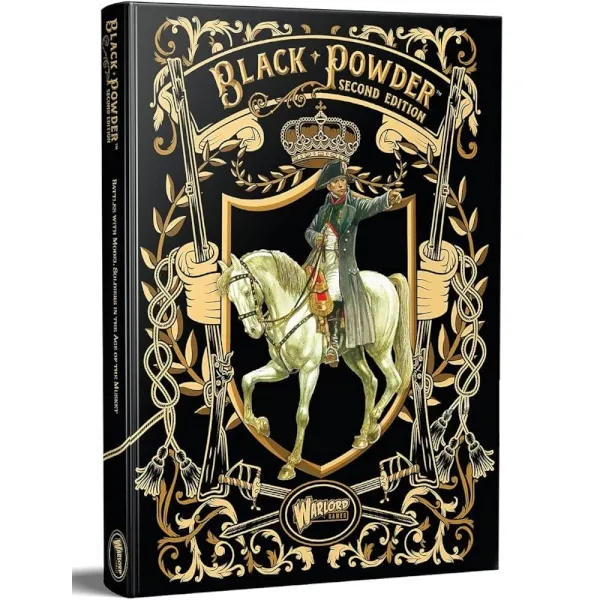 Black Powder Second Edition hardback rulebook cover showing Napoleon on a white horse.