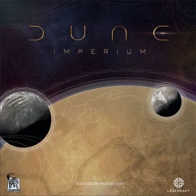Dune Imperium box cover showing Arrakis from space with its moons.