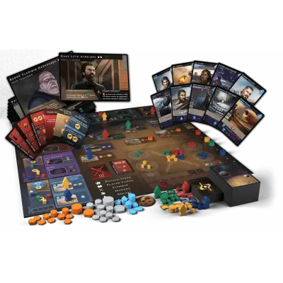 Dune Imperium components with board, cards, leaders, resources, player pieces, and conflict deck.