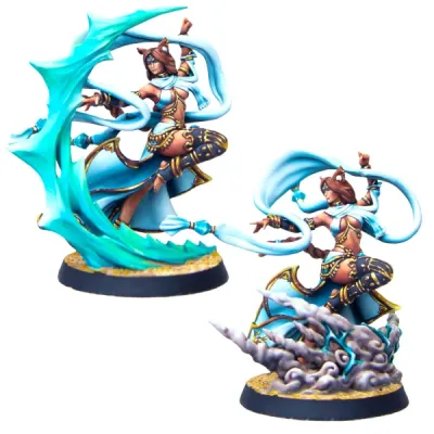 Eldfall Chronicles Spell Dancer Voidcaster and Aeroturge painted miniatures with magical effects.