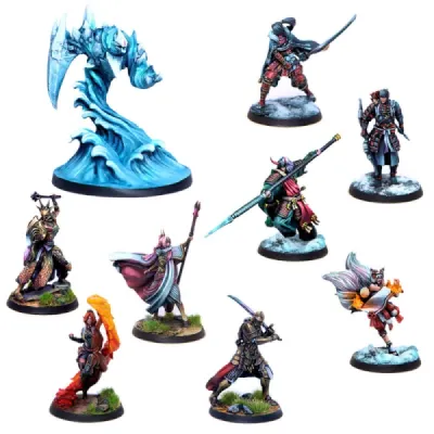 Eldfall Chronicles starter set miniatures showing Empire of Soga, Helian League and Water Elemental models.