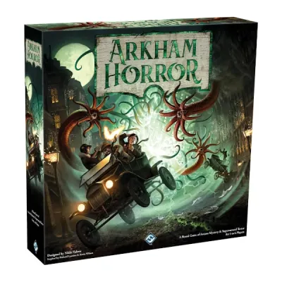 Arkham Horror Third Edition box showing investigators fleeing tentacled monsters in Arkham.