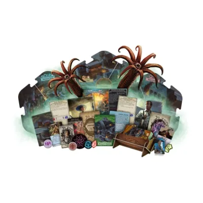 Arkham Horror Third Edition components with map tiles, investigator cards, tokens, monsters, and encounter cards.