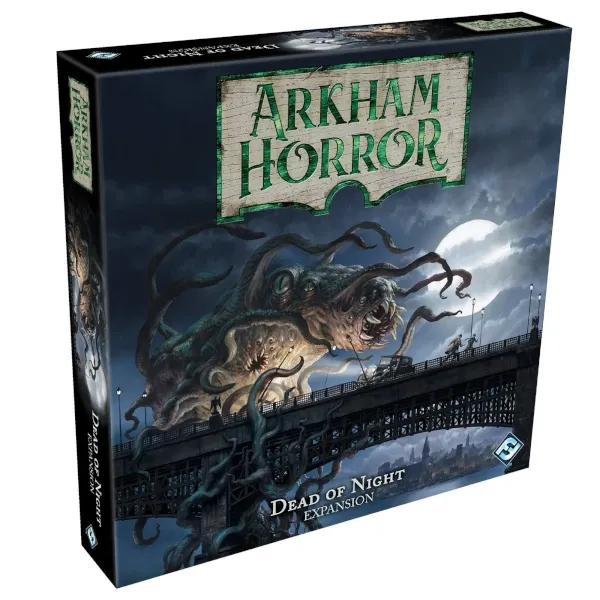 Arkham Horror Dead of Night expansion box showing a tentacled monster attacking a bridge at night.