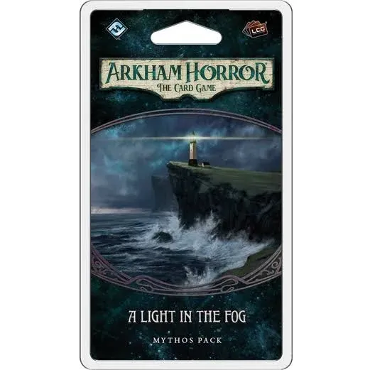 A Light in the Fog Mythos Pack for Arkham Horror The Card Game with a lighthouse on stormy cliffs.