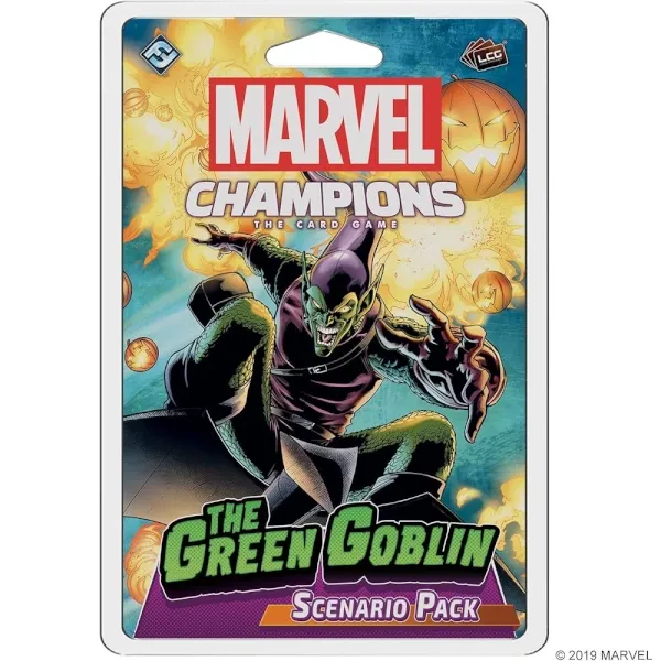The Green Goblin Scenario Pack for Marvel Champions The Card Game with Green Goblin and pumpkin bombs.