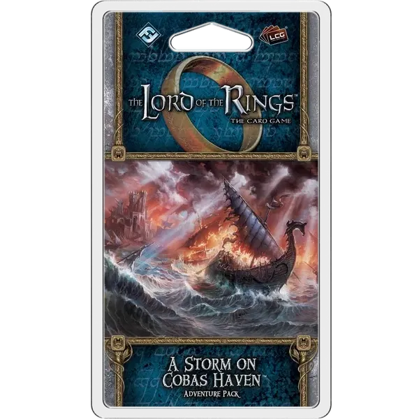 The Storm on Cobas Haven Adventure Pack for The Lord of the Rings Card Game with a ship in stormy seas.